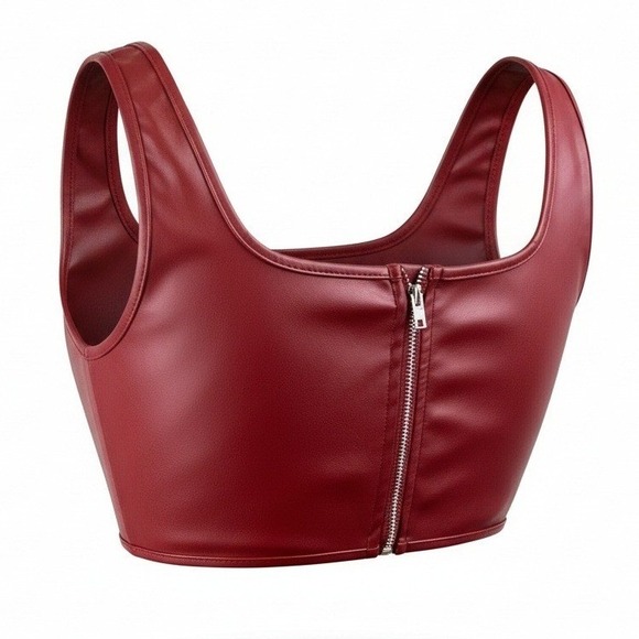 New Small Vegan Leather Burgundy Red Corset Bustier Tank Sleeveless‎ Top - Picture 3 of 4